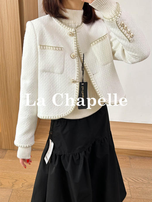 拉夏贝尔/La Chapelle轻奢！绵羊毛混纺气质圆领撞色小香风外套 商品图3