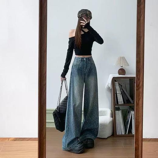 裤子镶钻 今年必赚！！！满天星河烫钻阔腿牛仔裤   高腰宽松高级感拖地裤 商品图2