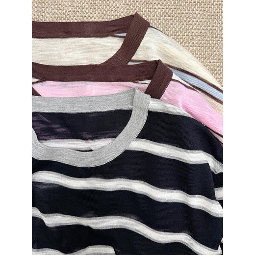 【贝拉推荐】穿越之旅 MIU系宽松时髦撞色圆领 条纹针织长袖T 无龄感色彩 抗起球机洗不变形 商品图6