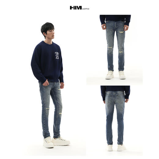 HIM漢崇  错落感做旧割破舒适耐磨休闲弹力修身牛仔裤男 2025冬季 商品图3