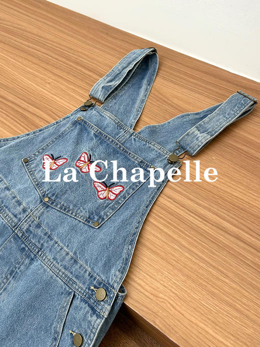 专柜实拍【减龄神器】拉夏贝尔/La Chapelle重磅100棉牛仔背带裤！撞色刺绣蝴蝶宽松显瘦直筒连体裤 商品图6