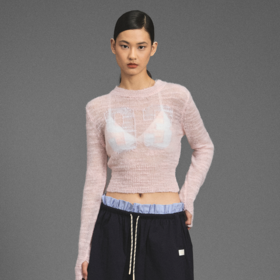 GOODBAI 新款撞色数字镂空短款圆领修身长袖针织衫女