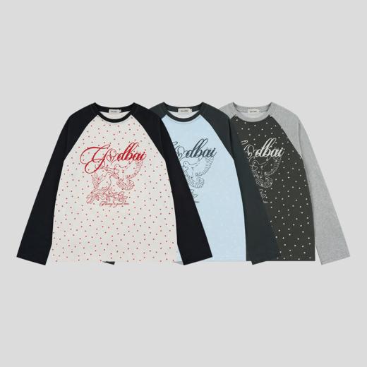 GOODBAI 春夏双鸽爱心撞色印花休闲宽松插肩袖长袖T恤女 商品图0