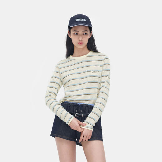 Herlian2026年春季新品条纹撞色女士长袖T恤logo刺绣打底衫 商品图1