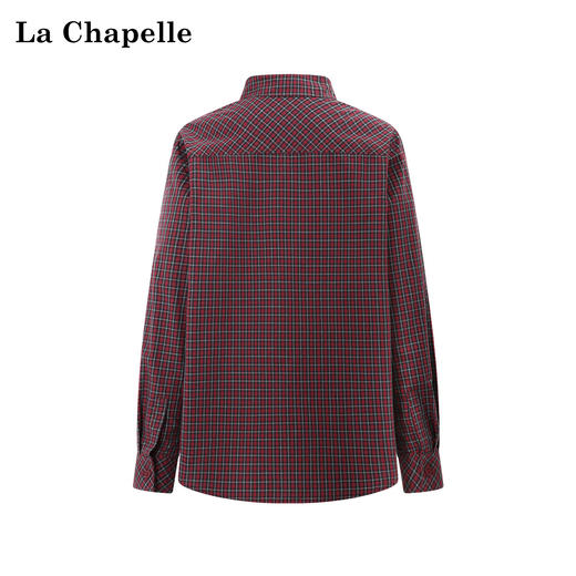 天猫同步【精梳全棉+刺绣】拉夏贝尔/La Chapelle文艺风！纯棉挺括有型气质翻领刺绣徽章复古格纹百搭叠穿衬衣 商品图1