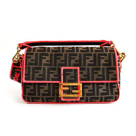 【95新】FENDI芬迪Baguette手袋8BR600中号老花拼红色Baguette法棍包单肩斜挎包女士270126AK34