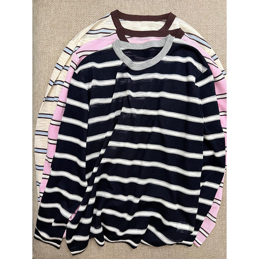 【贝拉推荐】穿越之旅 MIU系宽松时髦撞色圆领 条纹针织长袖T 无龄感色彩 抗起球机洗不变形 商品图5