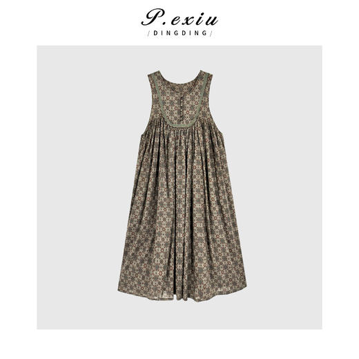 04-3潘依绣丁丁宠粉复古印花无袖背心连衣裙Q09837 商品图0