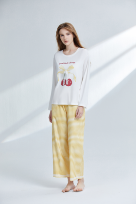 【7.5折限时特惠】【秀黛】女圆领樱桃蝴蝶结长袖套装莱赛尔棉氨纶柔软亲肤透气樱桃甜美可爱春秋家居服睡衣W1551001T【门店同款】