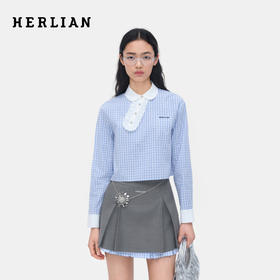 HERLIAN 2026年春季新品荷叶花边斜襟蓝格女士长袖宽松显瘦衬衫