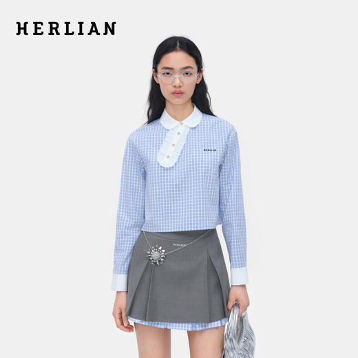HERLIAN 2026年春季新品荷叶花边斜襟蓝格女士长袖宽松显瘦衬衫 商品图0