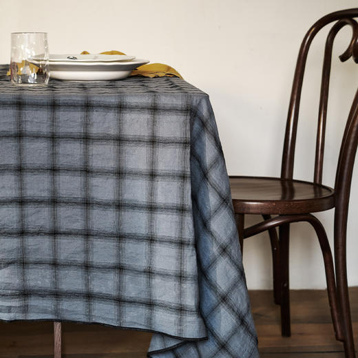 伽罗 JALO 14支复古黑蓝格纹色织亚麻系列桌布 商品图2