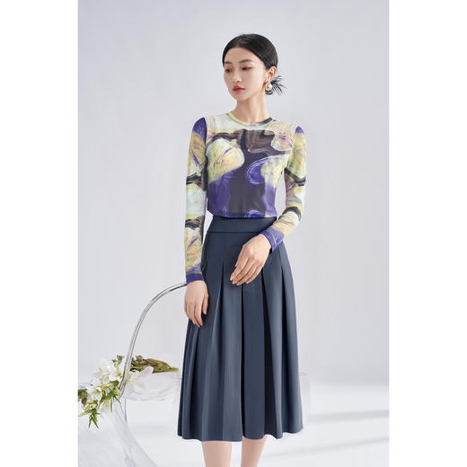 剩L/XL 米思阳 艺术感印花弹力T恤高腰百褶半裙两件套 套装裙子女秋季高级感4449 商品图3