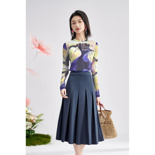 剩L/XL 米思阳 艺术感印花弹力T恤高腰百褶半裙两件套 套装裙子女秋季高级感4449 商品图2