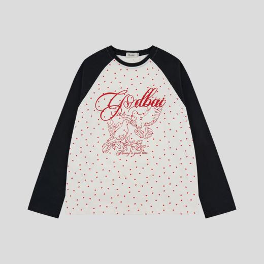 GOODBAI 春夏双鸽爱心撞色印花休闲宽松插肩袖长袖T恤女 商品图1