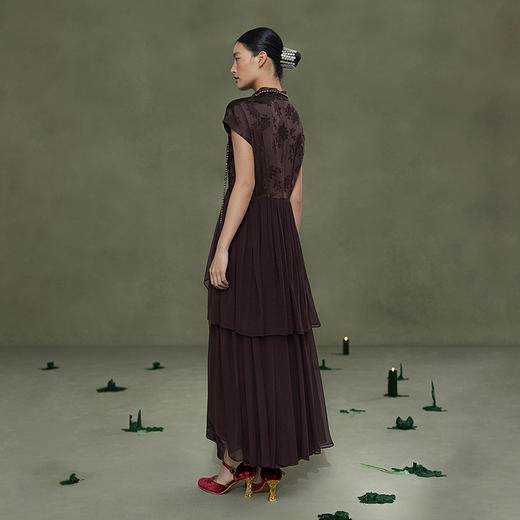 【林栖设计小店】鎏光溯影|新中式拼桑蚕丝飞片2026春新款改良旗袍连衣裙1961172 商品图3