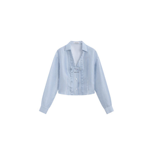 HERLIAN 2026年春季新品蝴蝶结装饰蓝格深V女士长袖衬衫 商品图4