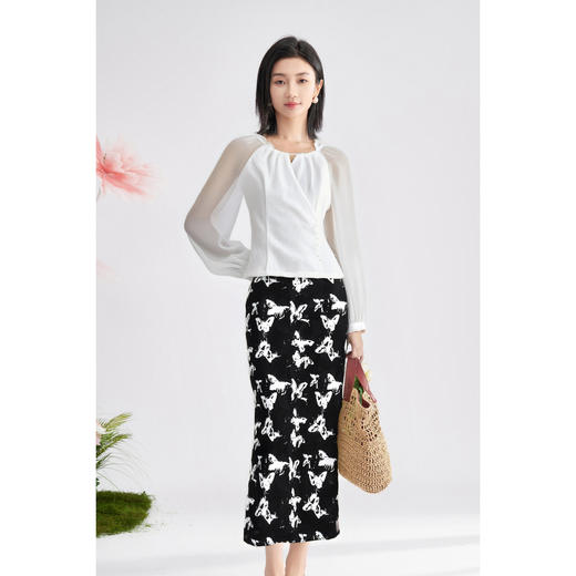 剩S/M/L/XL 米思阳 优雅荷叶边小衫蝴蝶印花半裙两件套 减龄洋气秋装套装女高级感4526 商品图0