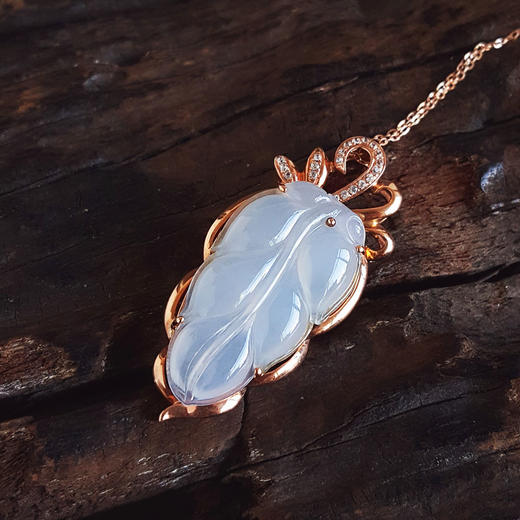 【天然正品】A货翡翠AU750玫瑰金镶天然细腻白色冰种叶子（金枝玉叶）翡翠吊坠项链38.5*17.8*7.4MM（皆取最大值）181125AH45 商品图5