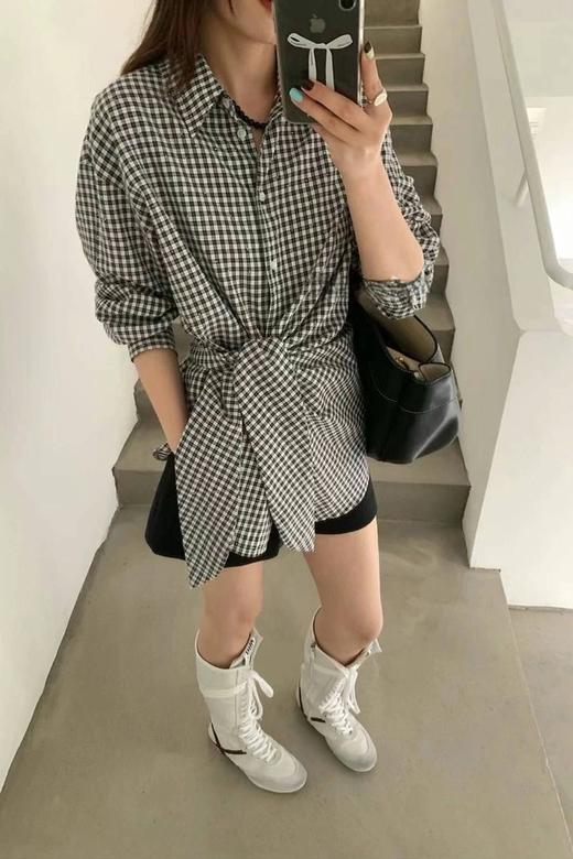 LNNNS 复古文艺绑带格子休闲衬衫 22250 商品图0