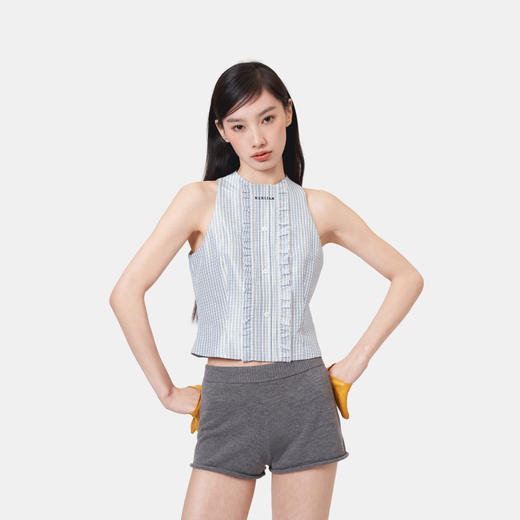 HERLIAN 2026年春季新品波点荷叶花边蓝格女士无袖圆领衬衫上衣 商品图2