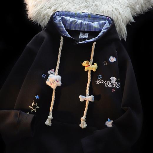 美式刺绣小熊格纹连帽卫衣女秋冬新款宽松慵懒设计感情侣开衫外套 商品图2