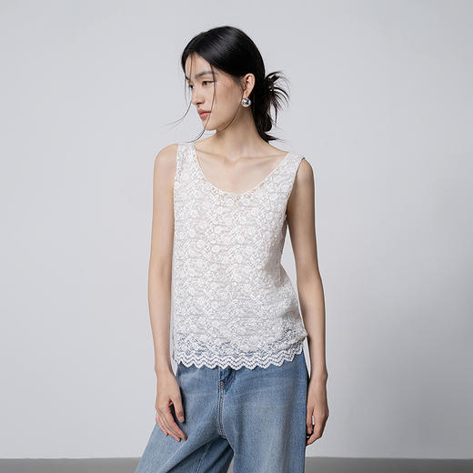 【林栖设计小店】（现货）蕾丝花语|米白色优雅花边百搭2026春新款皱感吊带背心1961043 商品图0