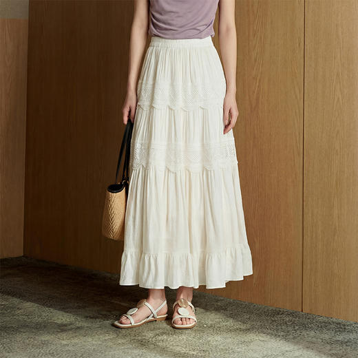 西遇法式温柔风松紧腰半身裙女2026春季新款高腰镂空勾花A字长裙E0060120 商品图2