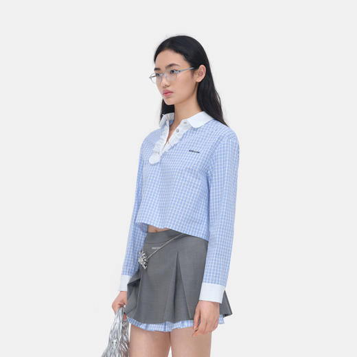 HERLIAN 2026年春季新品荷叶花边斜襟蓝格女士长袖宽松显瘦衬衫 商品图1