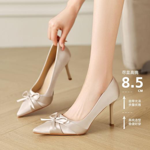 ZHR尖头绸缎帮面蝴蝶结8.5cm增高细跟鞋2026春新款通勤百搭高跟鞋 商品图3