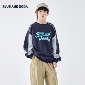 蓝汽水2026春季新款男童上衣美式青少年潮酷印花圆领撞色针织卫衣