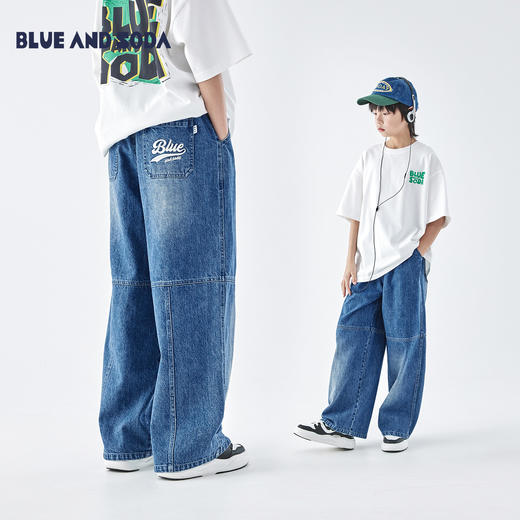 【代发】蓝汽水男童长裤青少年阔腿宽松直筒牛仔裤子海军蓝 商品图1