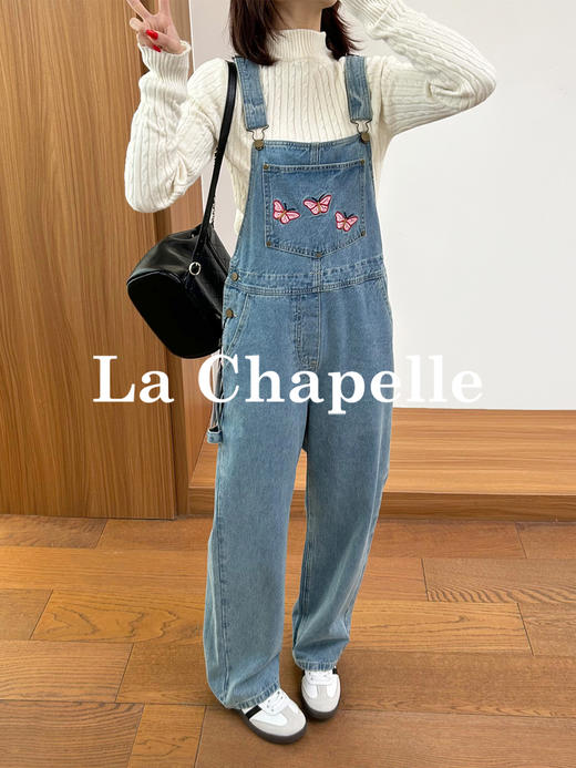专柜实拍【减龄神器】拉夏贝尔/La Chapelle重磅100棉牛仔背带裤！撞色刺绣蝴蝶宽松显瘦直筒连体裤 商品图1