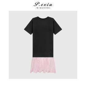 04-1潘依绣丁丁宠粉简约时髦圆领短袖撞色拼接连衣裙Q1941