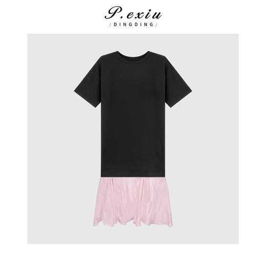04-1潘依绣丁丁宠粉简约时髦圆领短袖撞色拼接连衣裙Q1941 商品图0