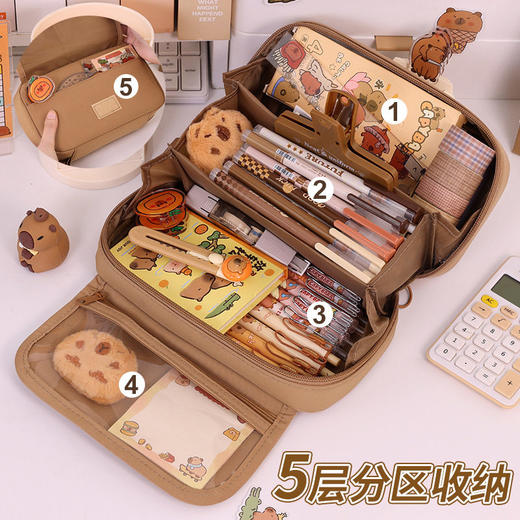 【5层收纳笔袋 分类收纳 整齐有序】卡皮巴拉火山翻盖透明多层笔袋 小学生耐脏文具盒 高颜值儿童铅笔盒 商品图0