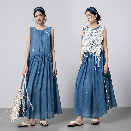 【林栖设计小店】植物染色|手工植物蓝苎麻宽松显瘦2026春新款无袖连衣裙1961138 商品图4