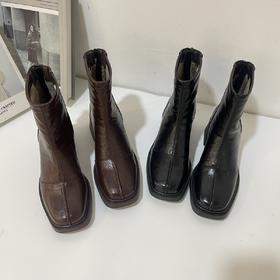 尾货单！羊皮版~2026复古方头粗跟短靴女秋冬英伦风百搭瘦瘦靴马丁靴！