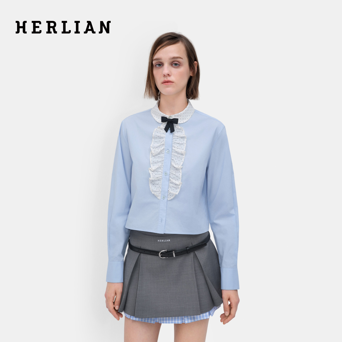 HERLIAN 2026年春季新品波点荷叶边娃娃领设计女士长袖衬衫