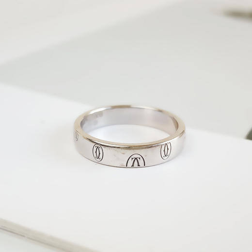 【95新】Cartier卡地亚B4050954 18K白金双C生日快乐logo戒指54号、宽度3.9mm中性款190126NJS41 商品图1