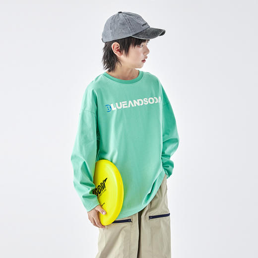 【代发】蓝汽水男童上衣撞色LOGO印花青少年宽松针织全棉长袖T恤水绿/白色/暗夜黑 商品图2