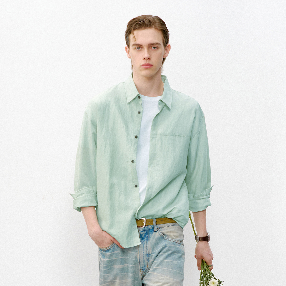 714street肌理天丝长袖衬衫2026春季新款潮牌简约纯色尖领衬衣男