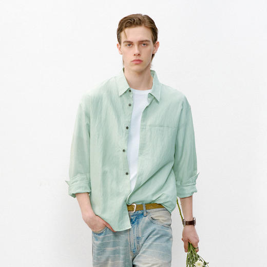 714street肌理天丝长袖衬衫2026春季新款潮牌简约纯色尖领衬衣男 商品图0