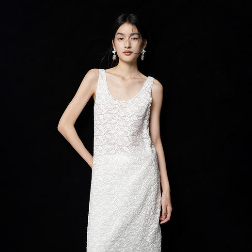 【林栖设计小店】蕾丝花语|米白色波浪花边优雅百搭2026春新款皱感连衣裙1961044 商品图0