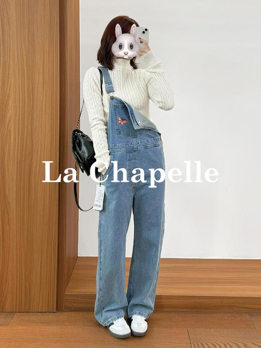专柜实拍【减龄神器】拉夏贝尔/La Chapelle重磅100棉牛仔背带裤！撞色刺绣蝴蝶宽松显瘦直筒连体裤 商品图0