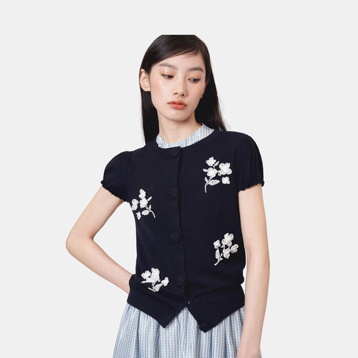 HERLIAN 2026年春季新品钉珠花女士圆领针织短袖开衫 商品图1