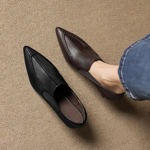 【预售5天】法式真皮尖头深口单鞋中跟粗跟小皮鞋舒适细跟纯色气质鞋&18-858 商品图2