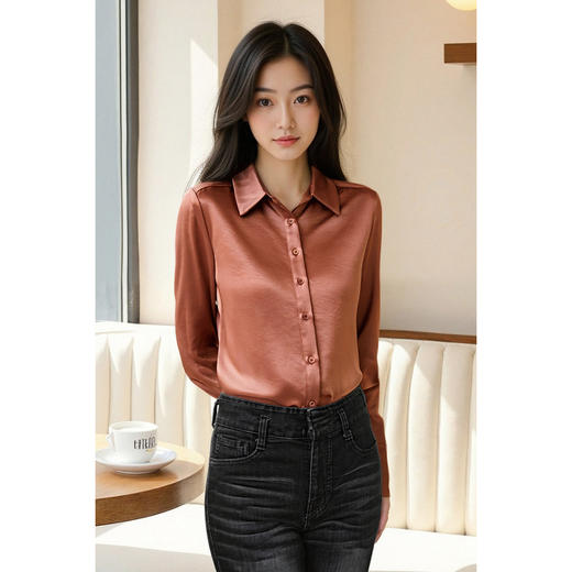 米思阳 知性优雅风 通勤OL简约直筒百搭粉桔色衬衫上衣女4926 商品图2