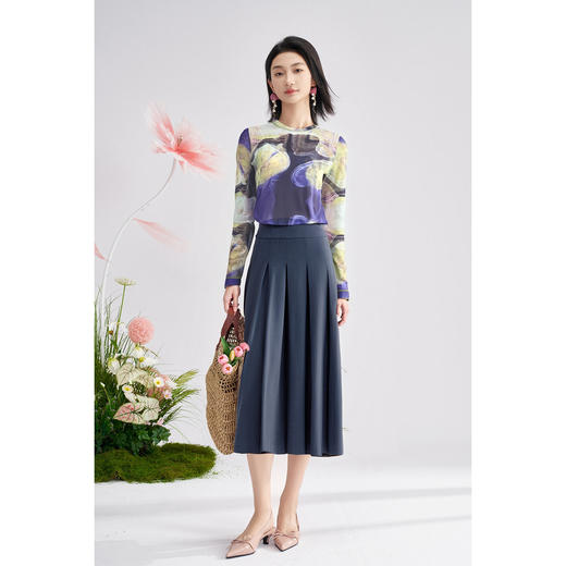 剩L/XL 米思阳 艺术感印花弹力T恤高腰百褶半裙两件套 套装裙子女秋季高级感4449 商品图4