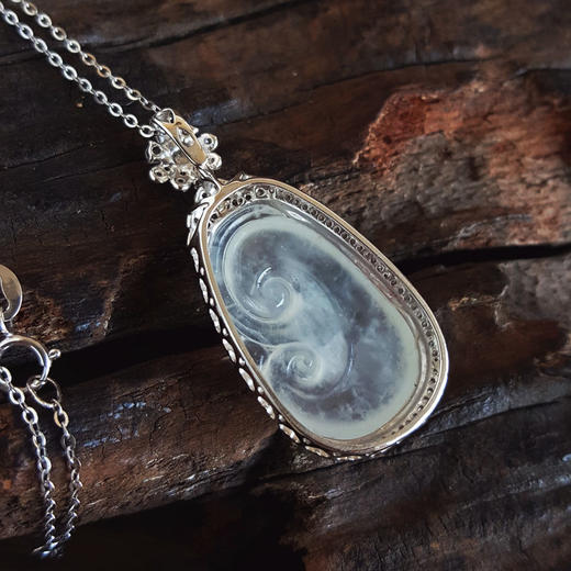 【天然正品】A货翡翠AU750白金镶钻镶天然细腻木那雪花棉白色冰种如意（万事如意）翡翠吊坠项链31.5*14.8*7.9MM（皆取最大值）190126NJS22 商品图6